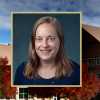 Headshot of Nikki Lovenduski over a photo of SEEC Building on CU Boulder East Campus