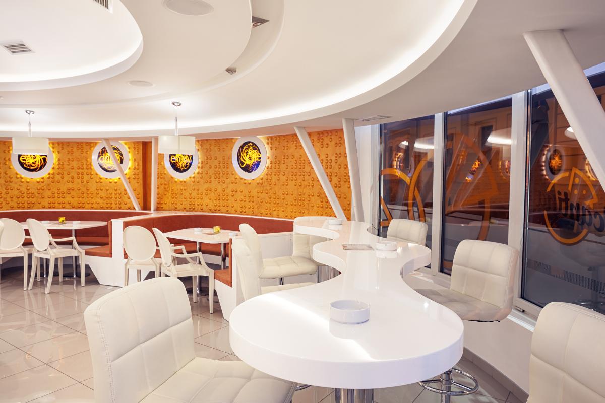 A restaurant rendering featuring creative use of lighting.