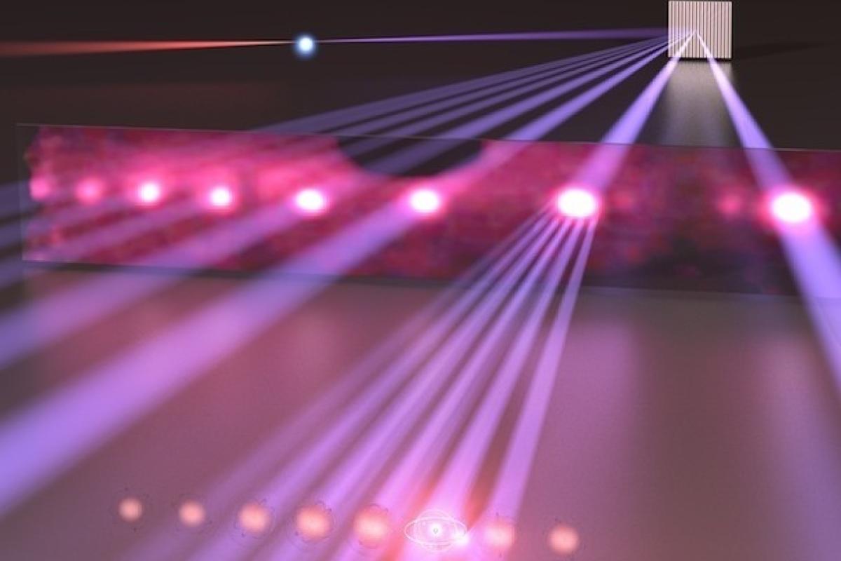 Beams of purple light in a physics experiment.