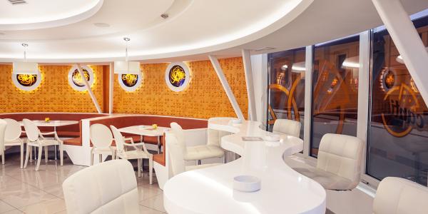 A restaurant rendering featuring creative use of lighting.