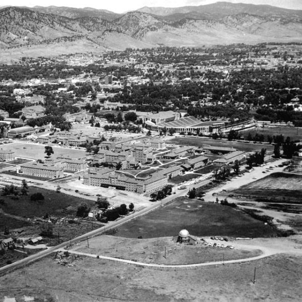 Arial View of Sommers-Bausch Observatory and CU (the campus is creeping closer!)(1956) Photo credit University of Colorado Norlin Library Archives