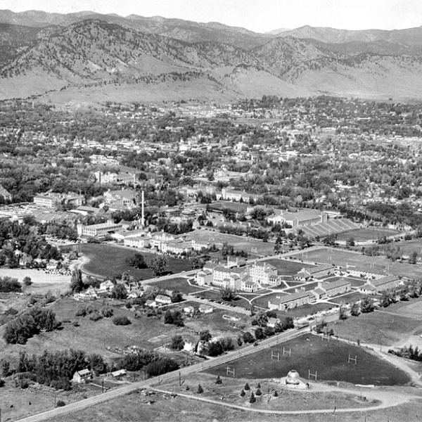 Campus Arial View with Just-Completed Observatory (note "Observatory Field")(1953) Photo credit University of Colorado Norlin Library Archives