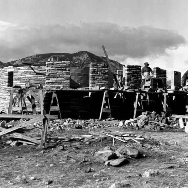 Construction of the Sandstone Walls (1951) Photo credit University of Colorado Norlin Library Archives