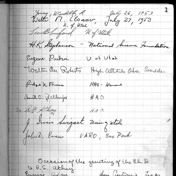 First Page of Sommers-Bausch Observatory Guestbook (famous names in astro-geophysics) (July 1953) Photo credit Keith Gleason, Sommers-Bausch Observatory