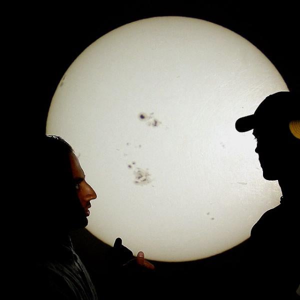 White Light Heliostat Sunspots (Nish Rajan and ASTR 1010 student) (2003) Photo credit Keith Gleason, Sommers-Bausch Observatory