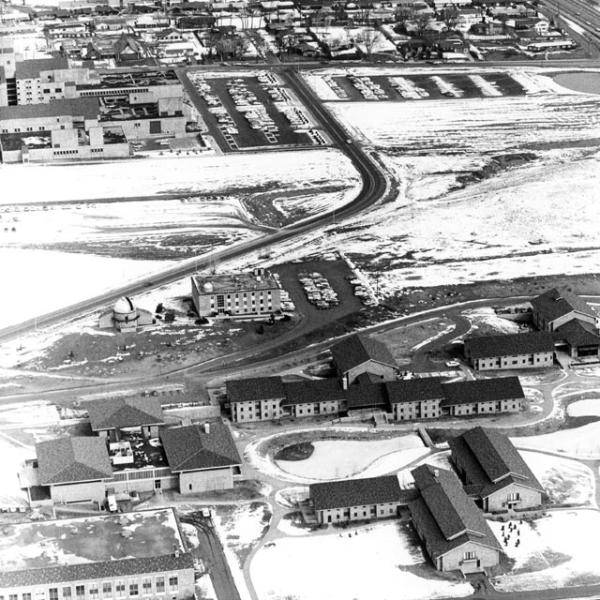 Arial View (note appearance of Regent Drive and Kittridge Complex) (1963) Photo credit University of Colorado Norlin Library Archives