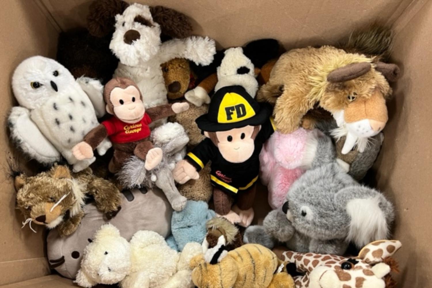 box of stuffed animals 