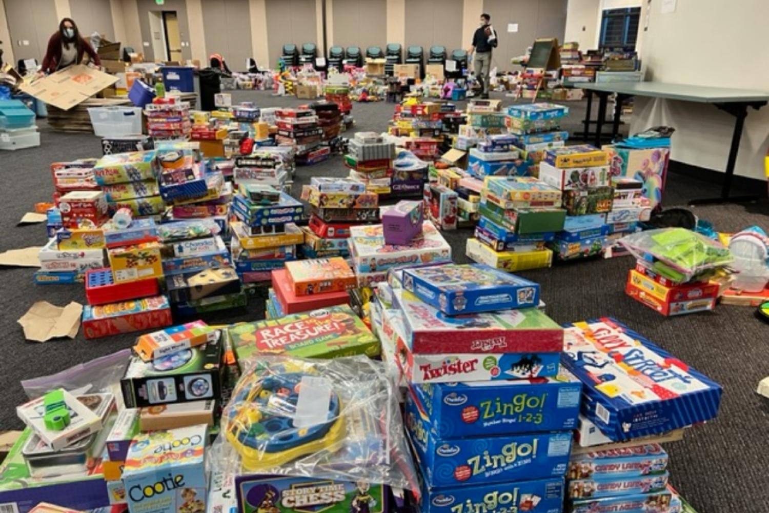 room full of toy and book donations