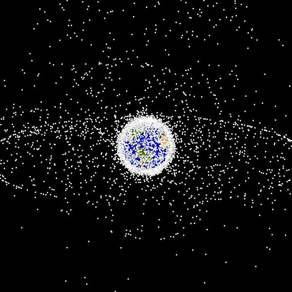 A computer-generated image representing space debris as could be seen from high Earth orbit.