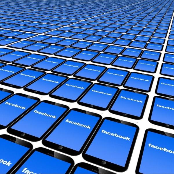 Series of smartphones with screens reading "Facebook."