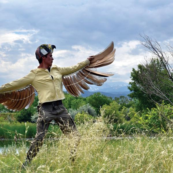 Student and bird performance art