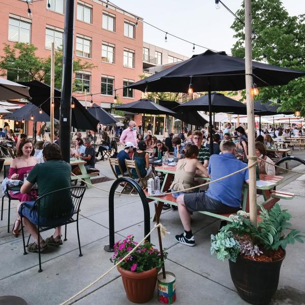 Diners eating at restaurant patio