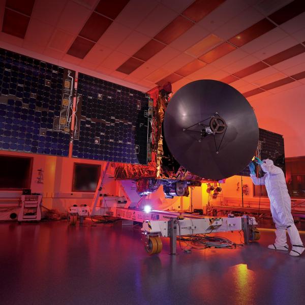 Engineers at CU Boulder’s Laboratory for Atmospheric and Space Physics (LASP) perform last-minute inspections of the Hope Probe spacecraft before its shipment to Dubai and the Tanegashima launch site in Japan.