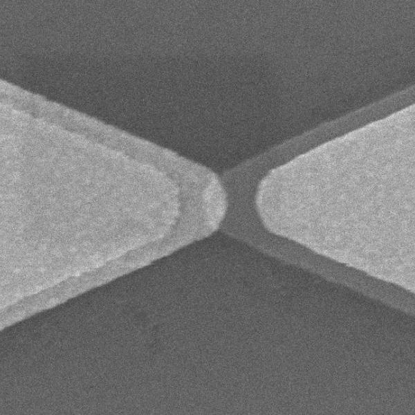 This scanning electron microscope image shows the distinct bow tie shape of an optical rectenna.