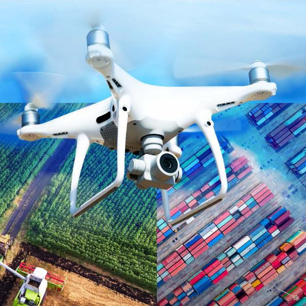 Drone above fields, buildings