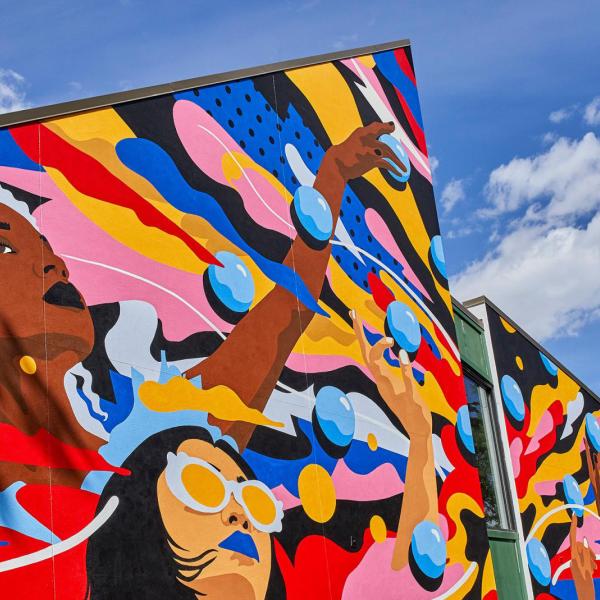 The finished mural, which is loosely based on JILA Fellow Cindy Regal’s work
