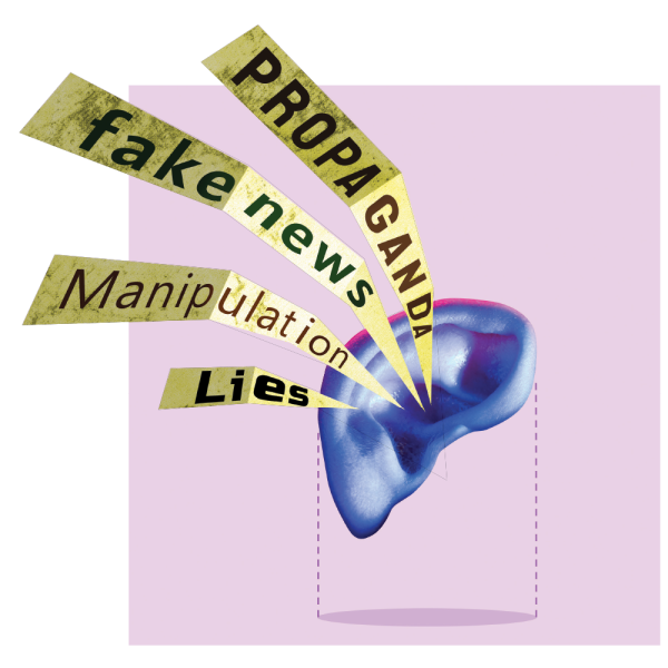 Illustration of propaganda and fake news entering a human ear