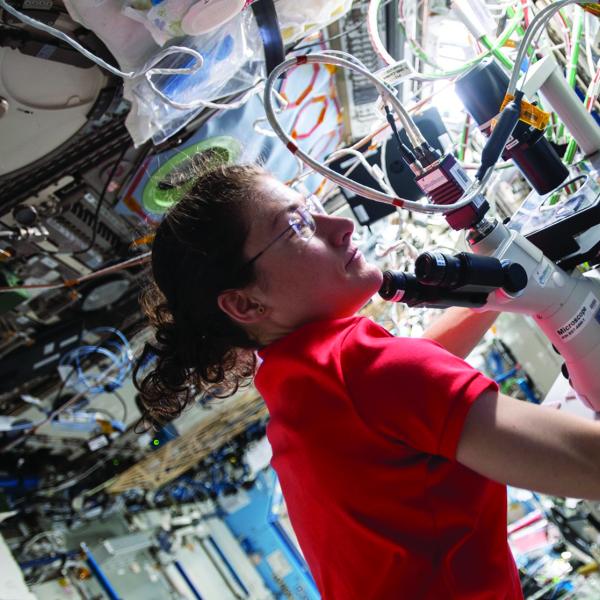 Astronaut Christina Koch uses a microscope supplied by BioServe aboard the International Space Station. 