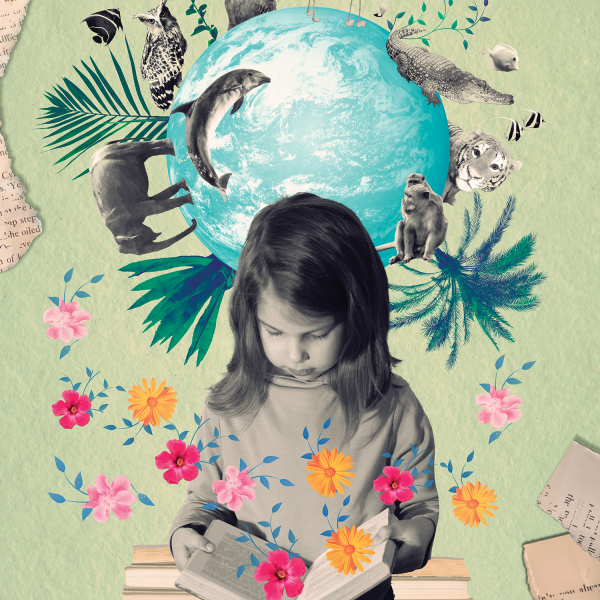 Girl reading book with imaginary world overlaid above her head