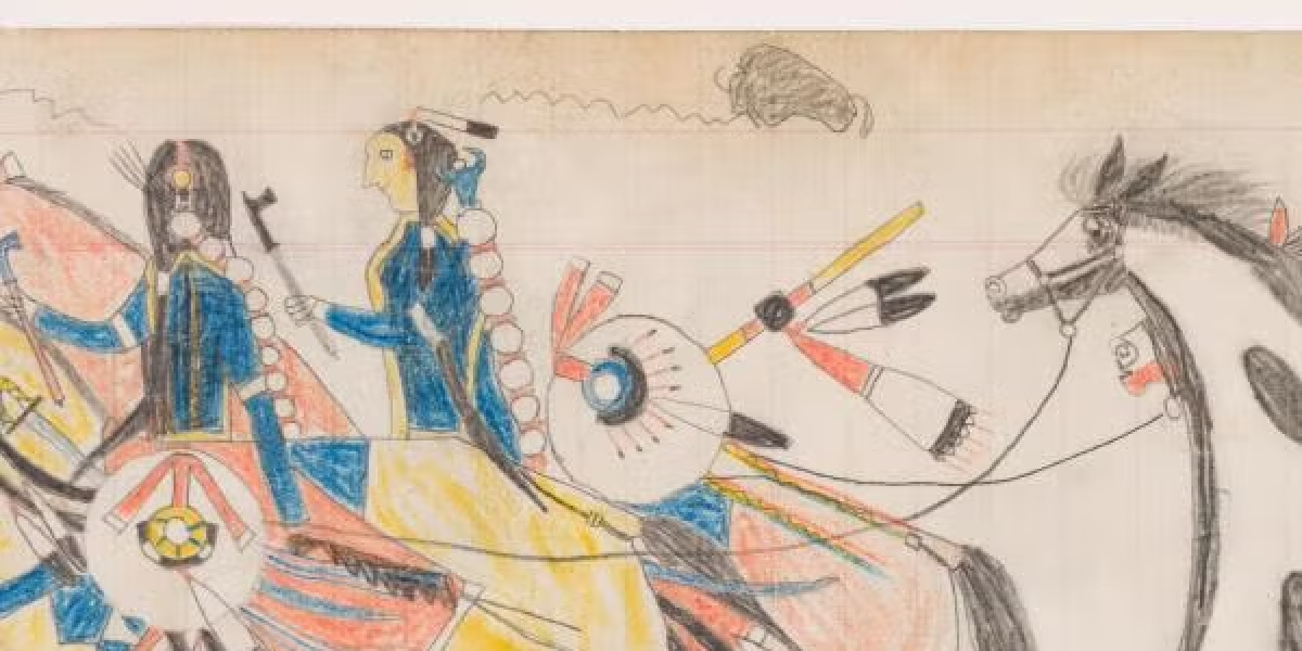 "Two Riders Leading Horses" by Arapaho artist Frank Henderson, ca. 1882