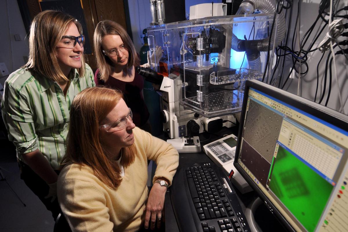 Professor and students looking at computer in lab