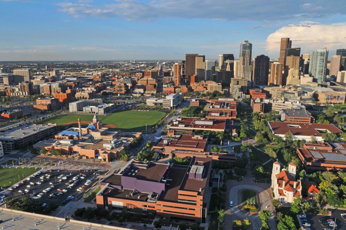 Auraria campus and Denver skyline aerial