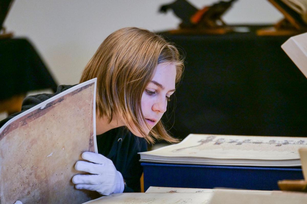 Student looking at history books