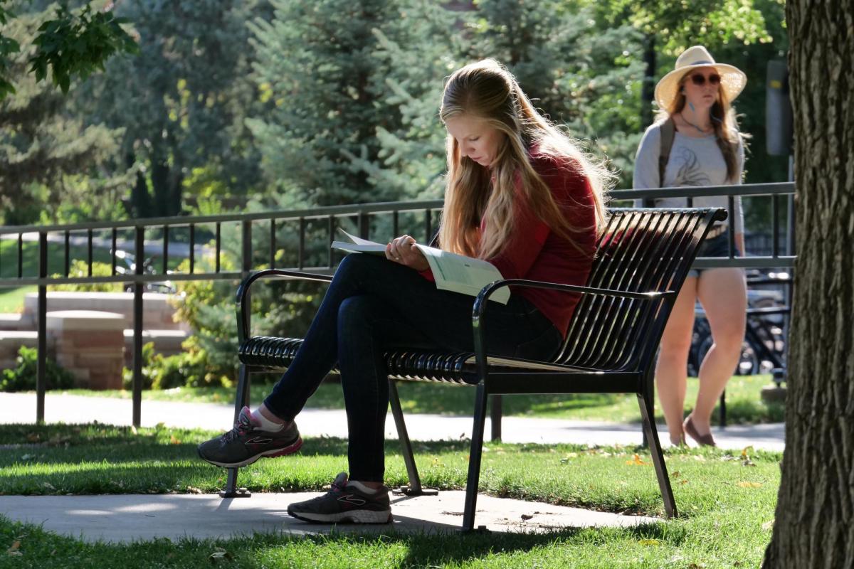 Student reading outside