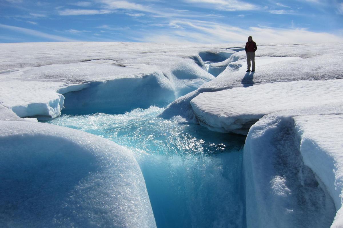 Researcher standing on ice cap