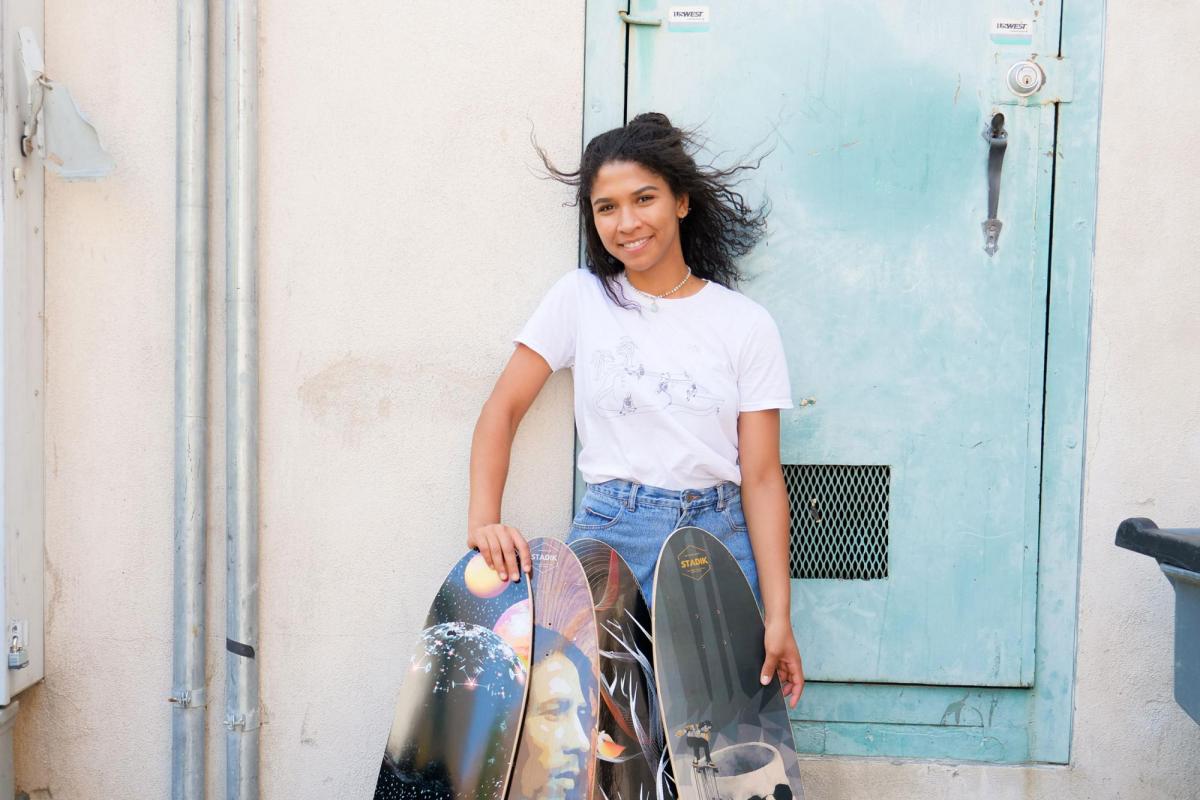 Student with skateboards