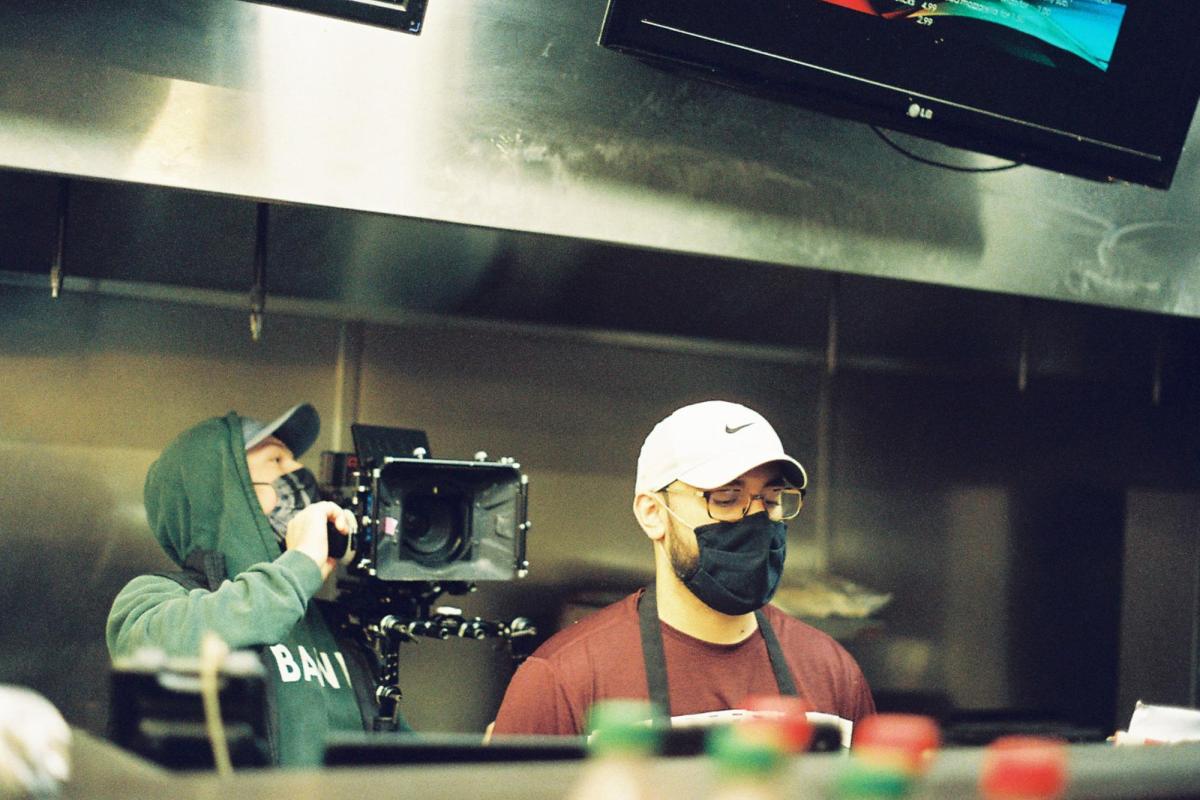 Filming on location in kitchen