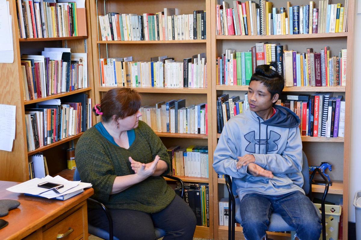 Lingustics professor with student