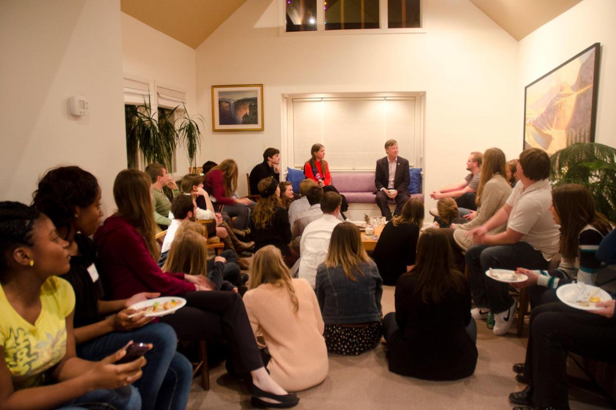 John Hickenlooper talking to students