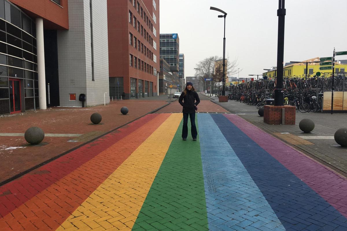 Student on Rainbow Street in Netherlands