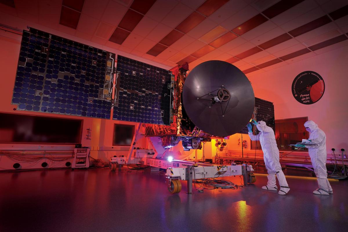 Engineers at CU Boulder’s Laboratory for Atmospheric and Space Physics (LASP) perform last-minute inspections of the Hope Probe spacecraft before its shipment to Dubai and the Tanegashima launch site in Japan.