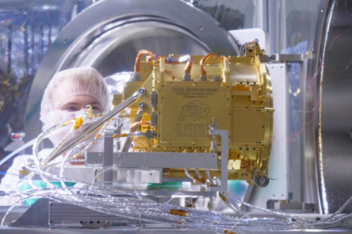 LASP’s SUrface Dust Analzyer instrument, which will analyze dust particles ejected from the surface of Jupiter’s moon Europa, undergoing testing