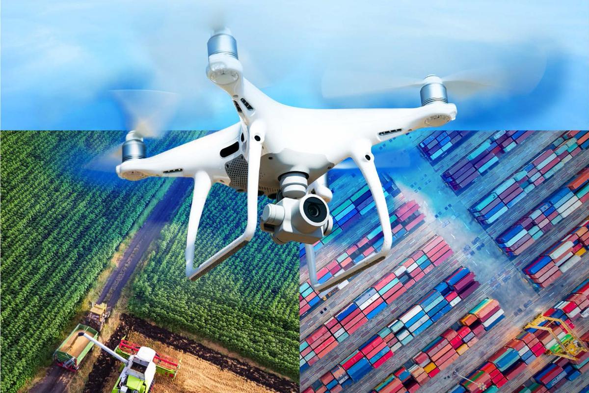 Drone above fields, buildings