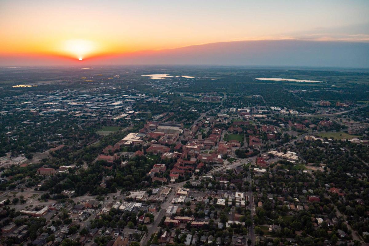 CU Boulder aerial at sunrise