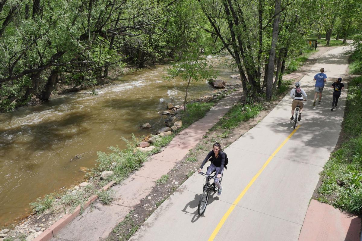 Bicyclists and joggers on Boulder Creek path