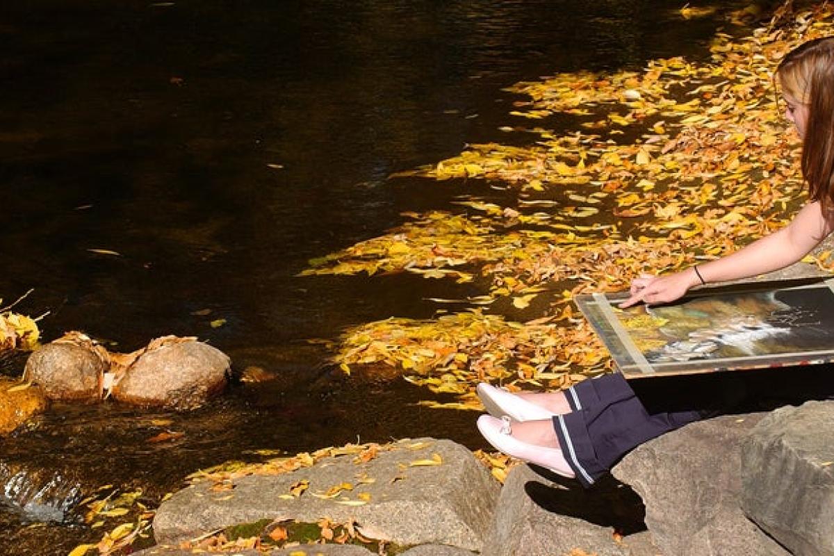 Student painting on a canvas sitting by a pond
