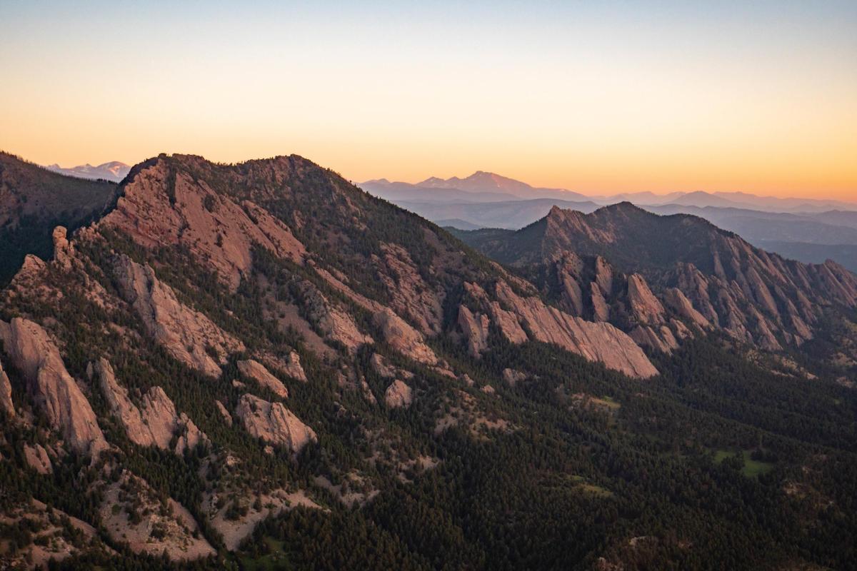 Boulder flatirons aerial at sunset