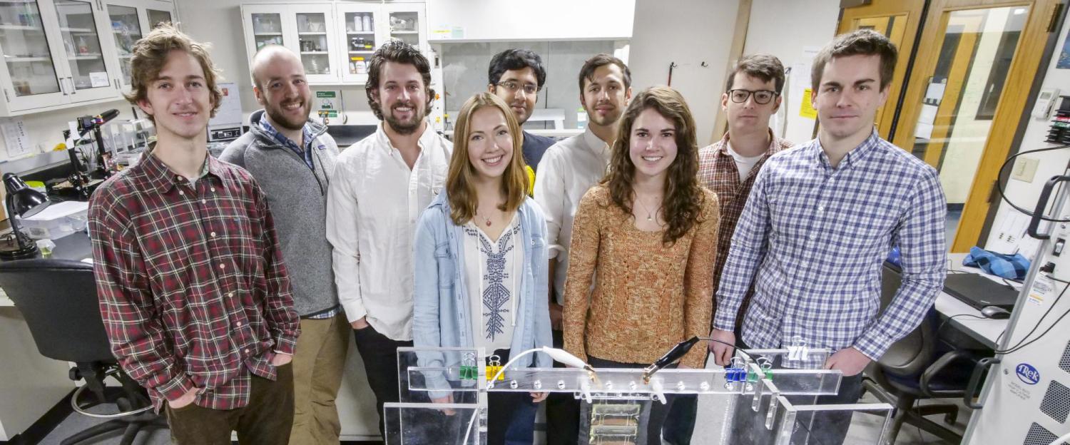  Assistant Professor Christoph Keplinger,  graduate student Eric Acome, undergraduate student Madison Emmett, graduate student Nick Kellaris, graduate student VC Gopaluni Venkata, undergraduate student Madeline King, graduate student Shane Mitchell, PhD candidate Timothy Morrissey, and undergraduate s