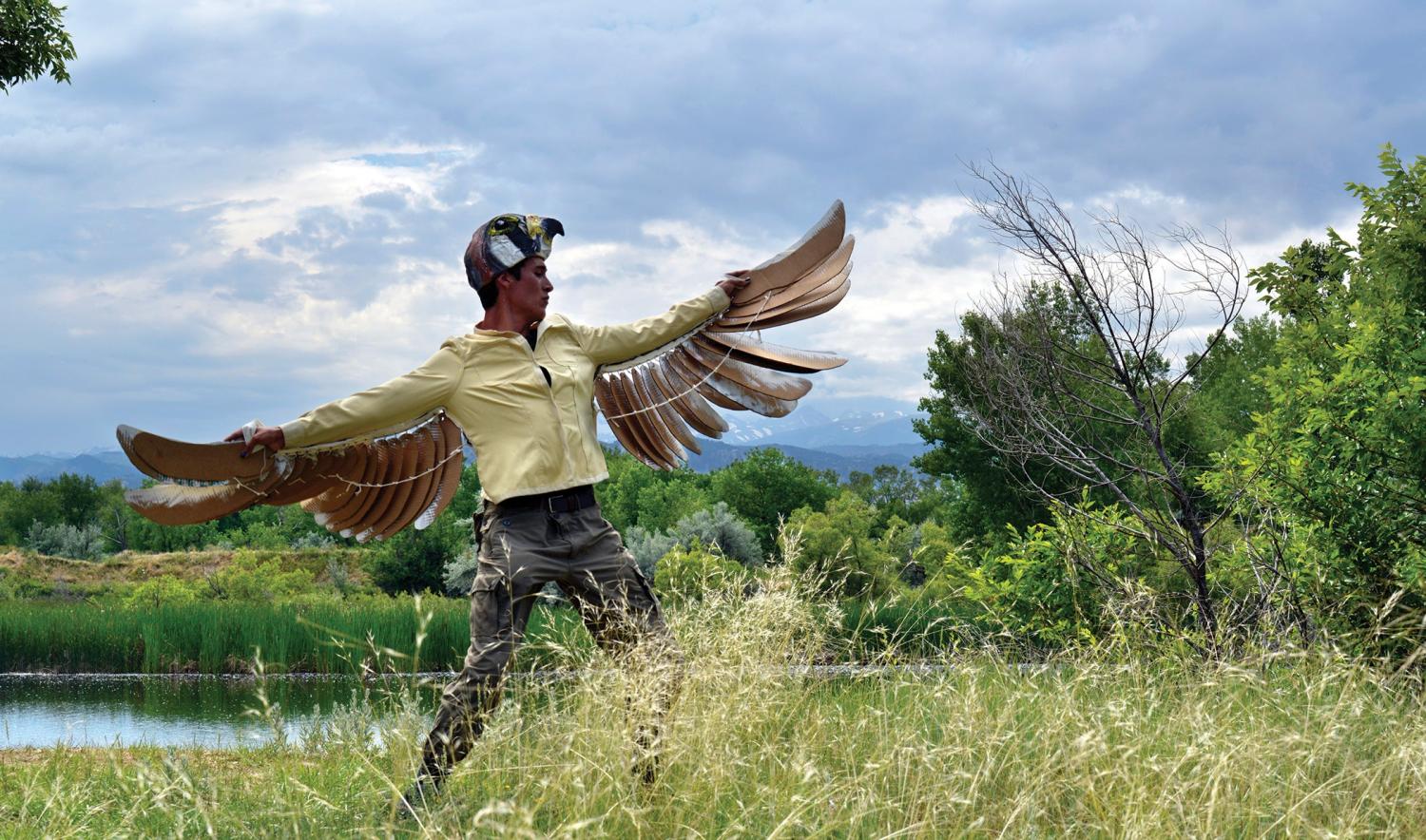 Student and bird performance art