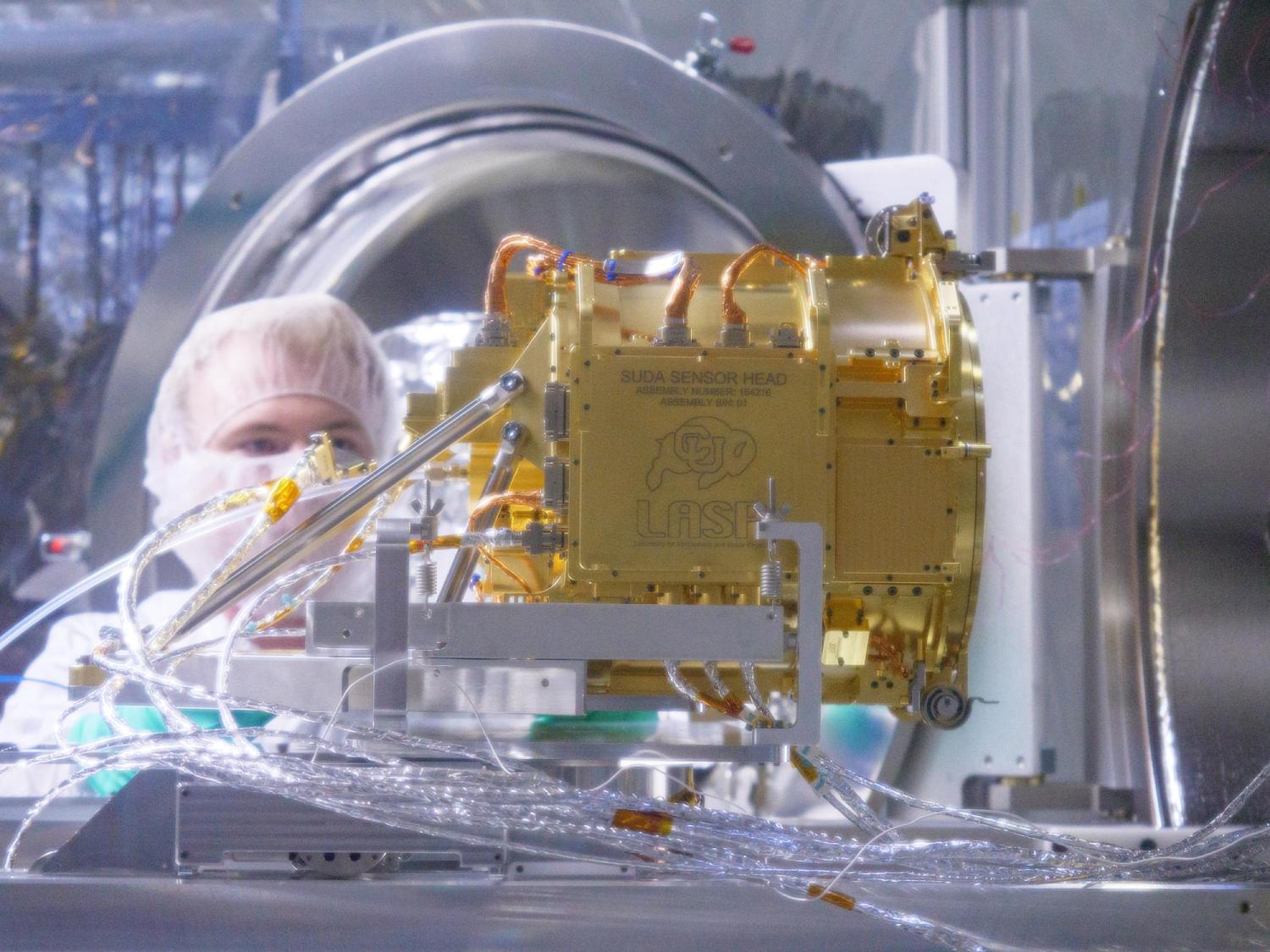 LASP’s SUrface Dust Analzyer instrument, which will analyze dust particles ejected from the surface of Jupiter’s moon Europa, undergoing testing