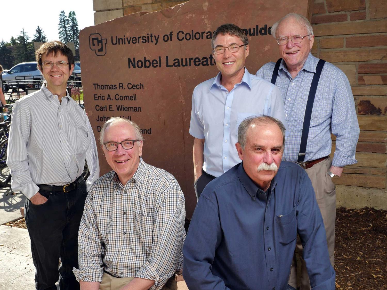 CU Boulder Nobel Prize winners (left to right) Eric Cornell, 2001 Physics; Thomas Cech, 1989 Chemistry;  Carl Wieman 2001 Physics; and David Wineland, 2012 Physics.