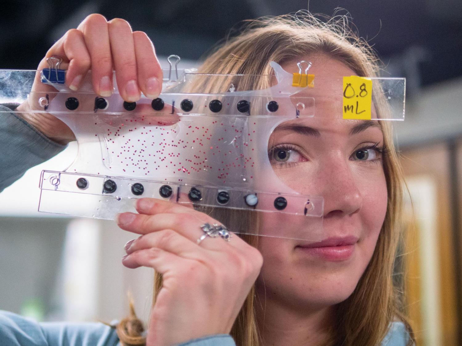 Student holding up soft, flexible device