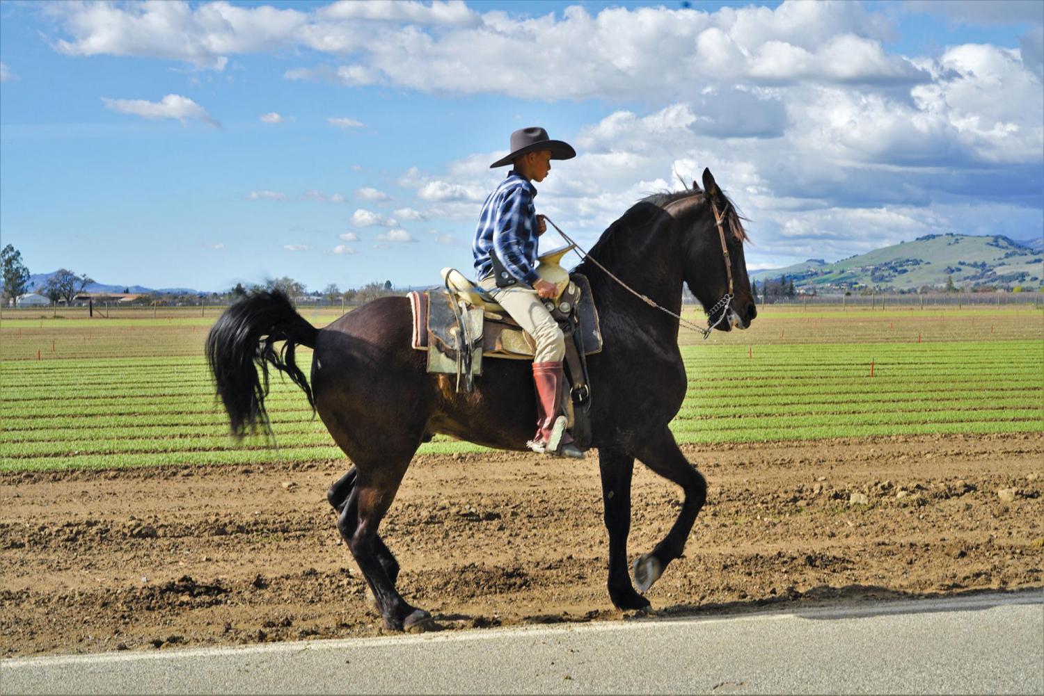 Boy riding horse near a field
