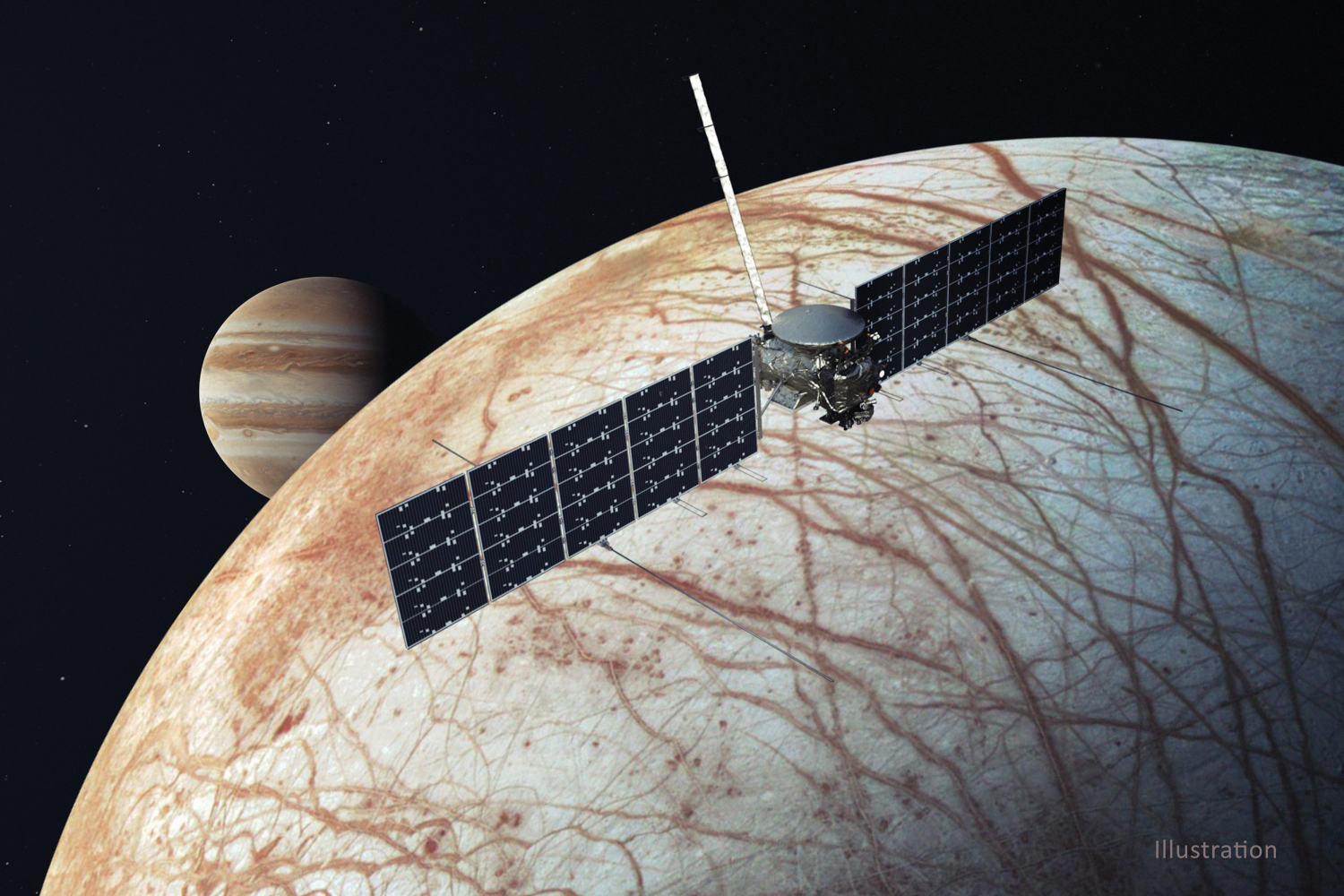 An artist’s depiction of Europa Clipper passing over Jupiter’s moon Europa