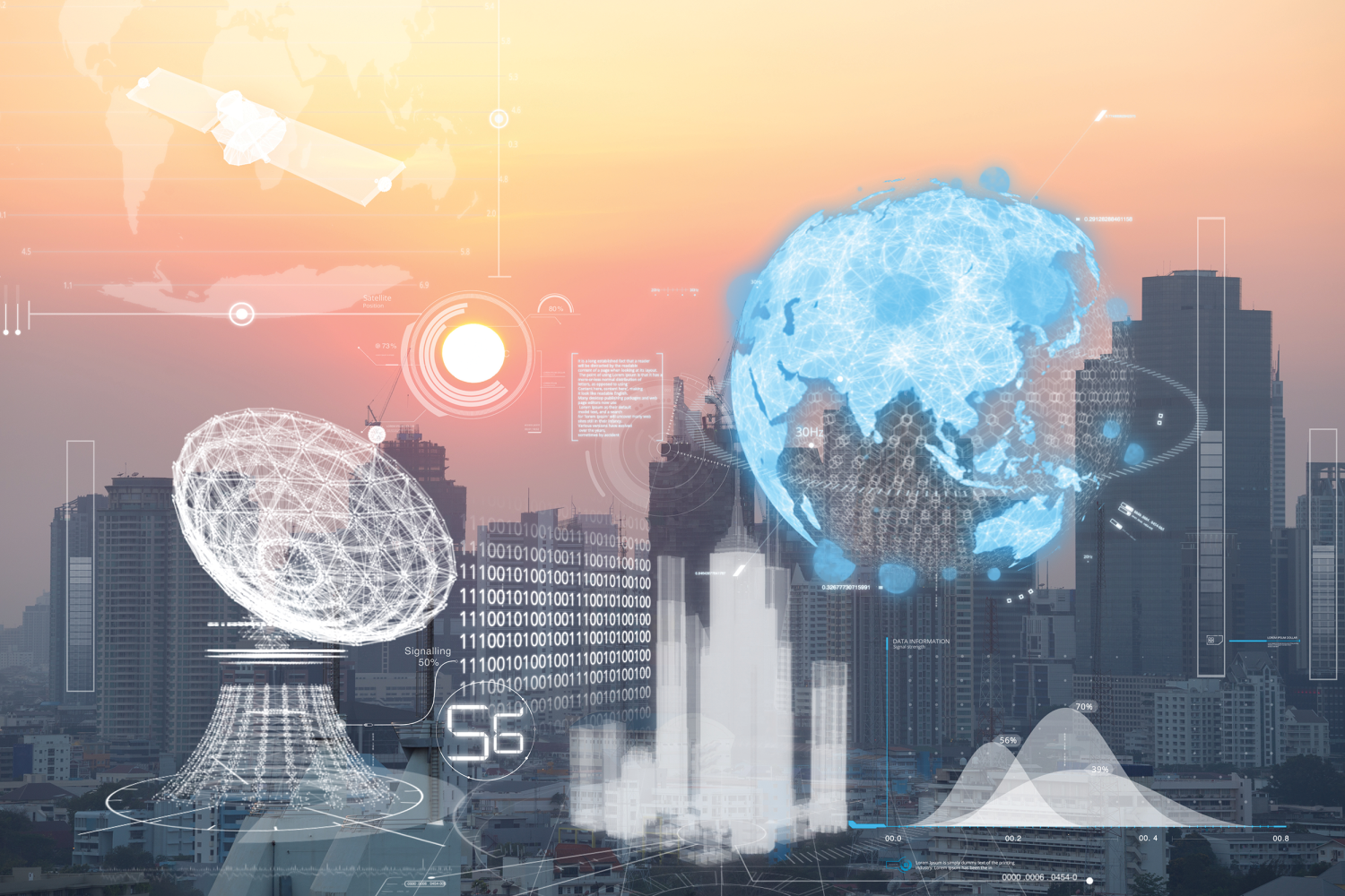Digital illustration of satellite and digitized globe overlaid over cityscape