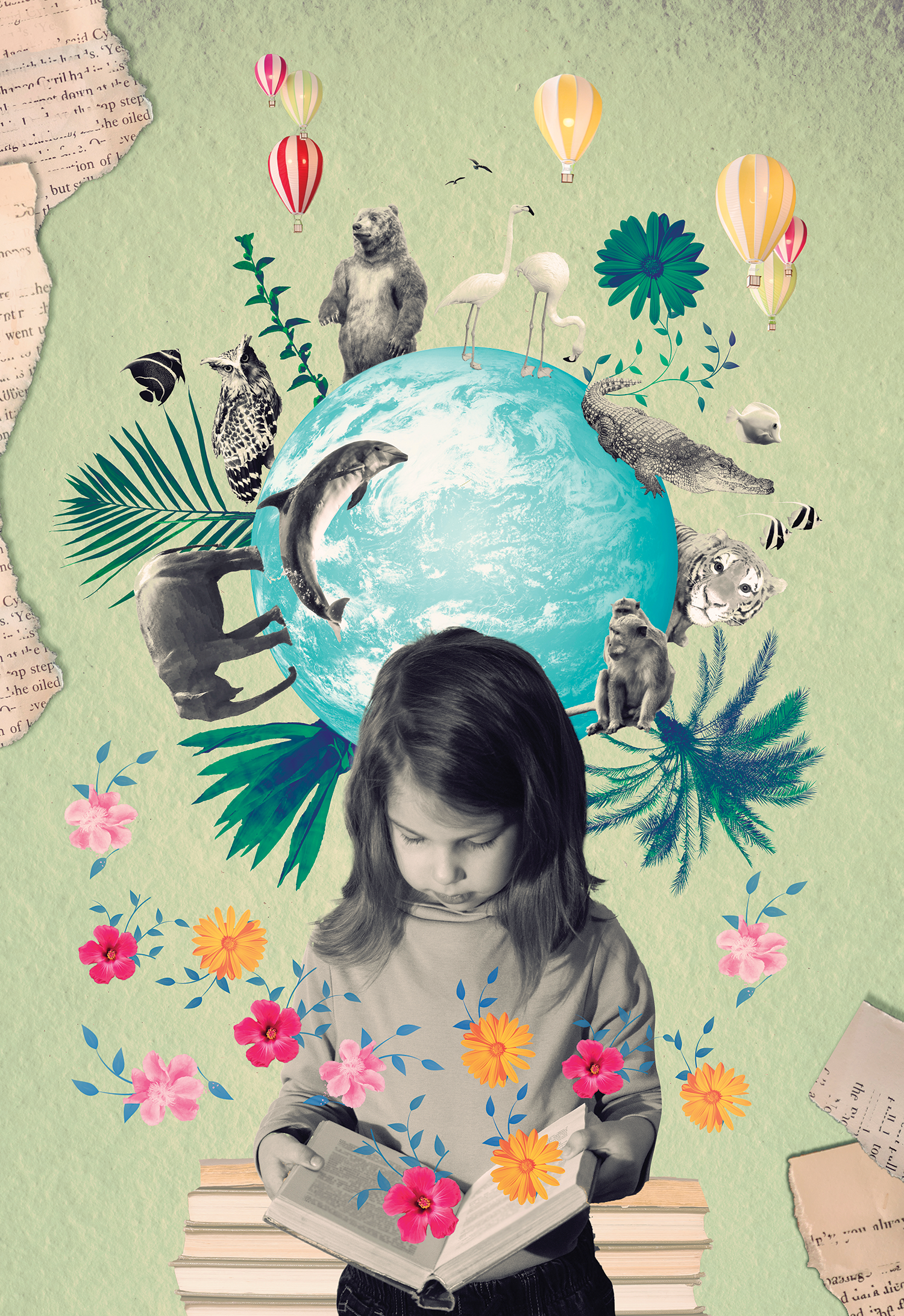 Girl reading book with imaginary world overlaid above her head